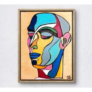 WS original cubist man painting 14X11 canvas acrylic abstract modern wall art